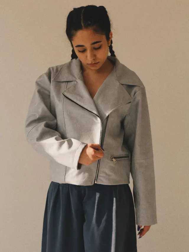 𝗡°𝟭𝟬 Leather Biker Jacket/Light Gray Red-inside